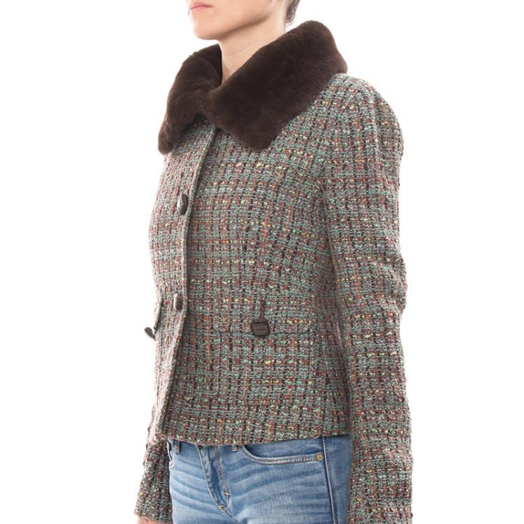 Pre Owned Dolce And Gabbana Multicolor Tweed Fur Collar Jacket M