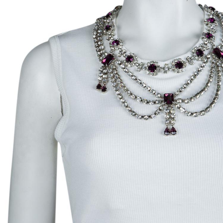 Pre Owned Dolce and Gabbana White Rib Jersey Embellished Necklace Detail Sleeveless Tank Top M