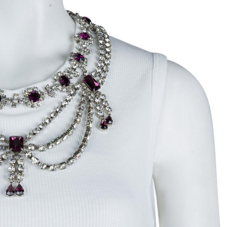 Pre Owned Dolce and Gabbana White Rib Jersey Embellished Necklace Detail Sleeveless Tank Top M