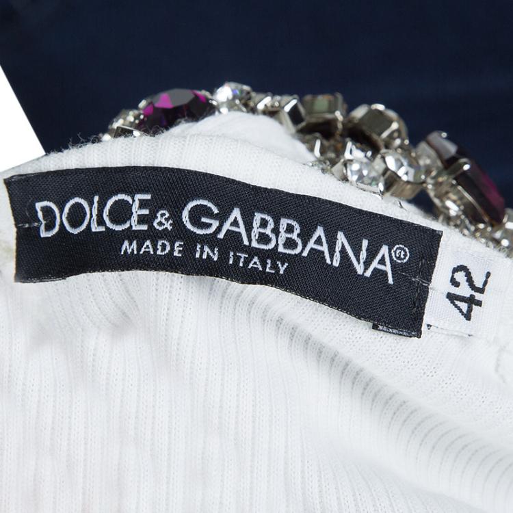 Pre Owned Dolce and Gabbana White Rib Jersey Embellished Necklace Detail Sleeveless Tank Top M