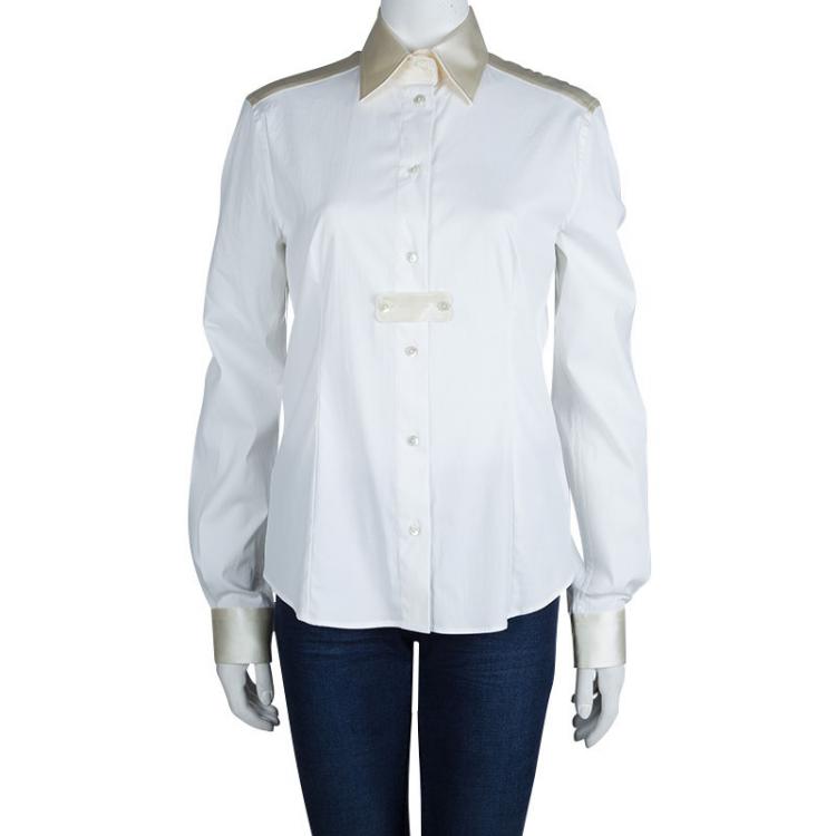 Pre Owned Dolce and Gabbana White Cotton Contrast Panel Detail Long Sleeve Button Down Shirt M