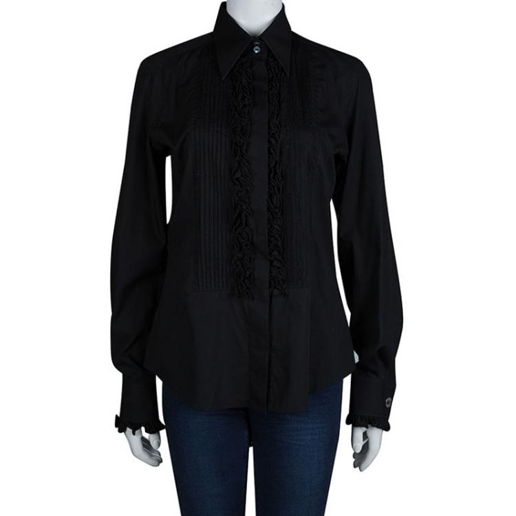 مملوكة مسبقًا Dolce And Gabbana Black Pintucked Ruffle Trim Long Sleeve Buttondown Cotton Shirt L
