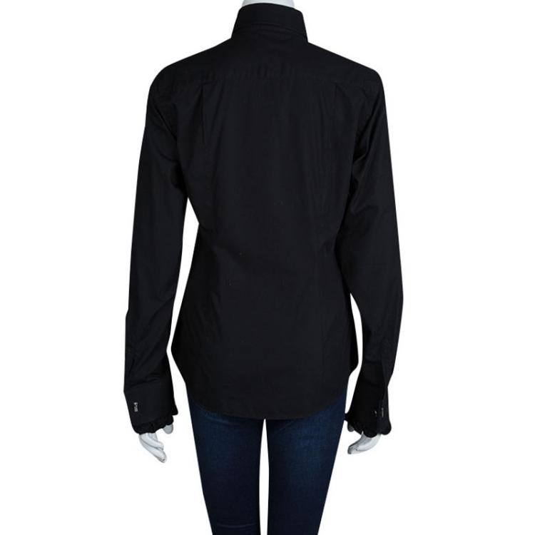 مملوكة مسبقًا Dolce And Gabbana Black Pintucked Ruffle Trim Long Sleeve Buttondown Cotton Shirt L