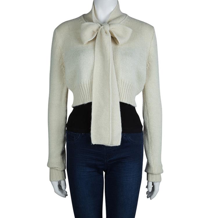 Pre Owned Dolce and Gabbana Cream Knit Neck Tie Detail Cropped Cardigan M