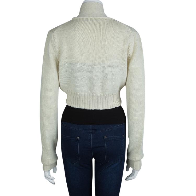 Pre Owned Dolce and Gabbana Cream Knit Neck Tie Detail Cropped Cardigan M
