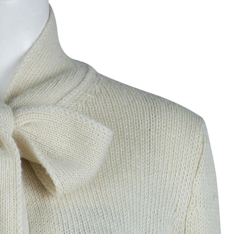 Pre Owned Dolce and Gabbana Cream Knit Neck Tie Detail Cropped Cardigan M