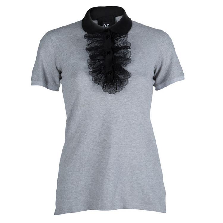 Pre Owned Dolce and Gabbana Grey Contrast Lace Ruffle Detail Polo T-Shirt M