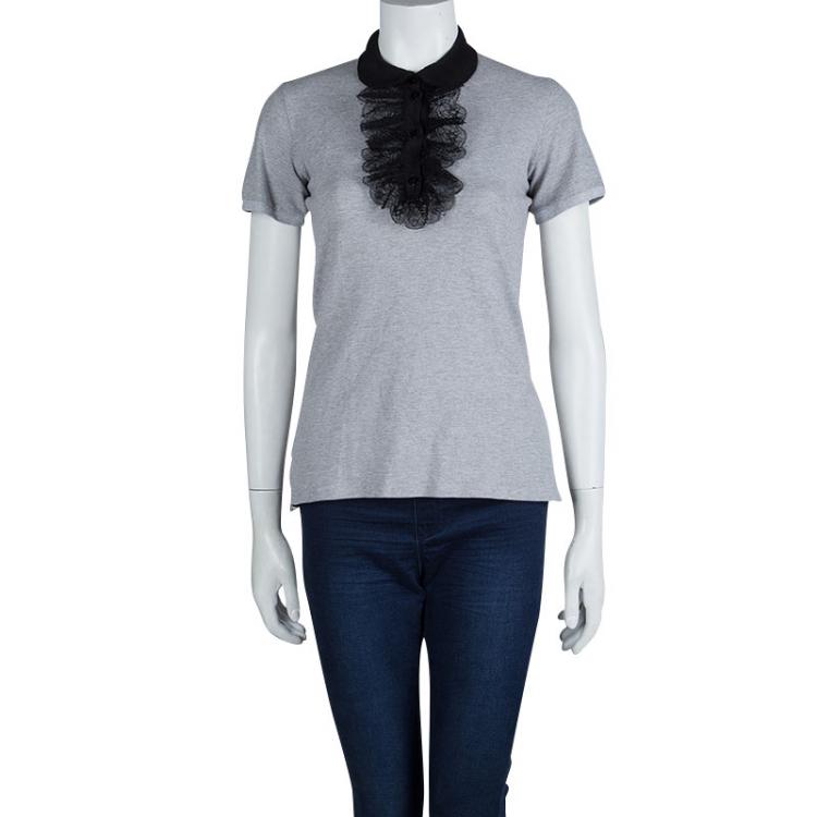 Pre Owned Dolce and Gabbana Grey Contrast Lace Ruffle Detail Polo T-Shirt M