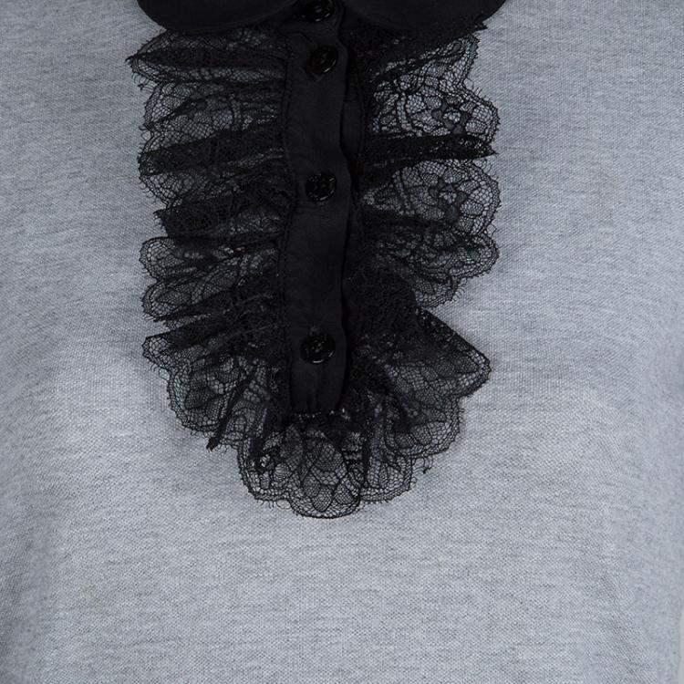 Pre Owned Dolce and Gabbana Grey Contrast Lace Ruffle Detail Polo T-Shirt M