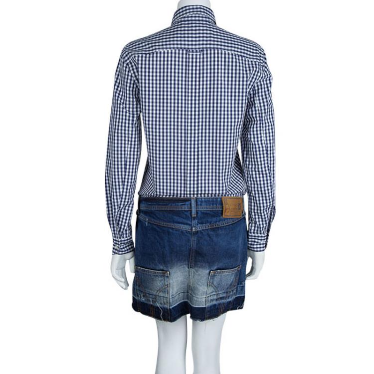 Pre Owned Dolce and Gabbana Blue Checked Cotton Shirt and Denim Skirt Combo Dress M