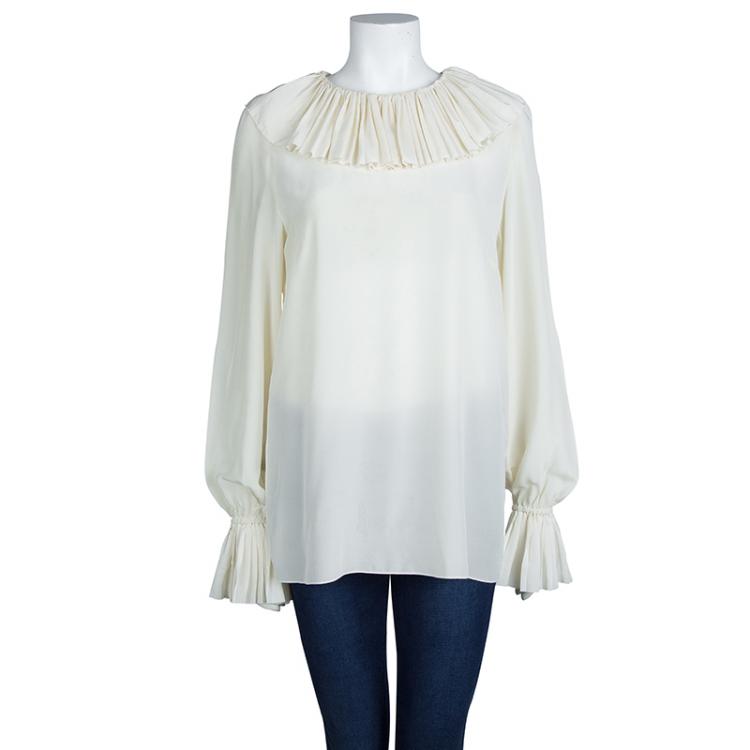 Pre Owned Dolce And Gabbana Cream Silk Pleated Ruffle Detail Long Sleeve Blouse XL