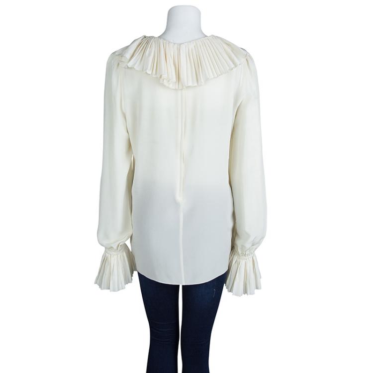 Pre Owned Dolce And Gabbana Cream Silk Pleated Ruffle Detail Long Sleeve Blouse XL