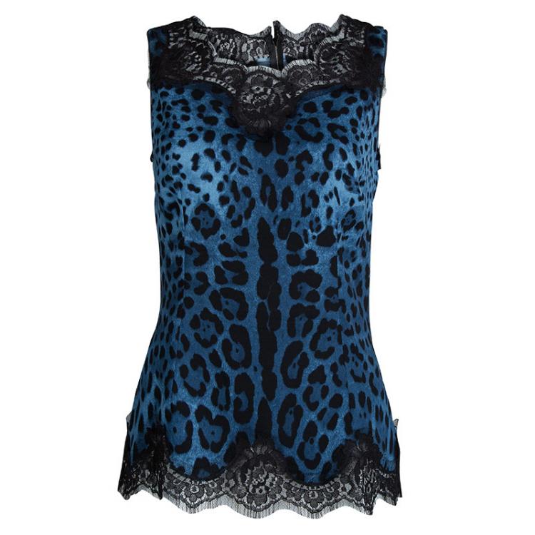 Pre Owned Dolce And Gabbana Blue Leopard Printed Silk Lace Detail Sleeveless Top M