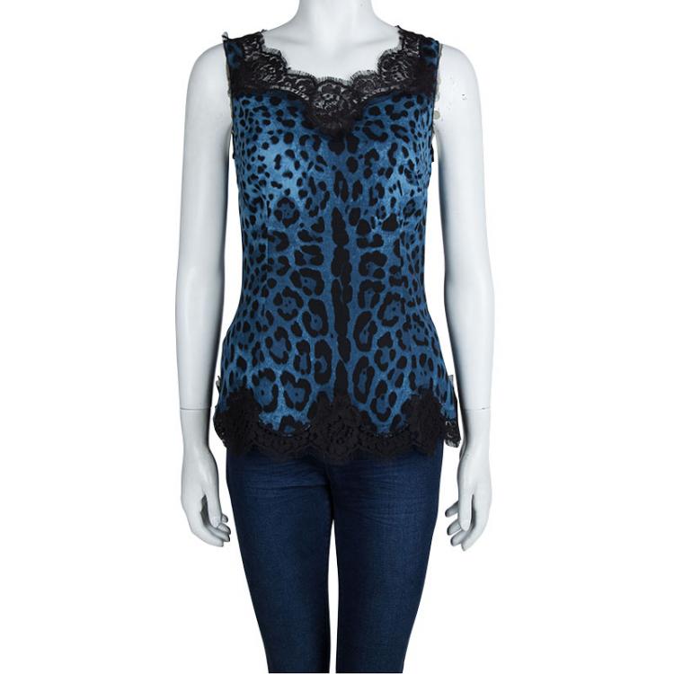 Pre Owned Dolce And Gabbana Blue Leopard Printed Silk Lace Detail Sleeveless Top M