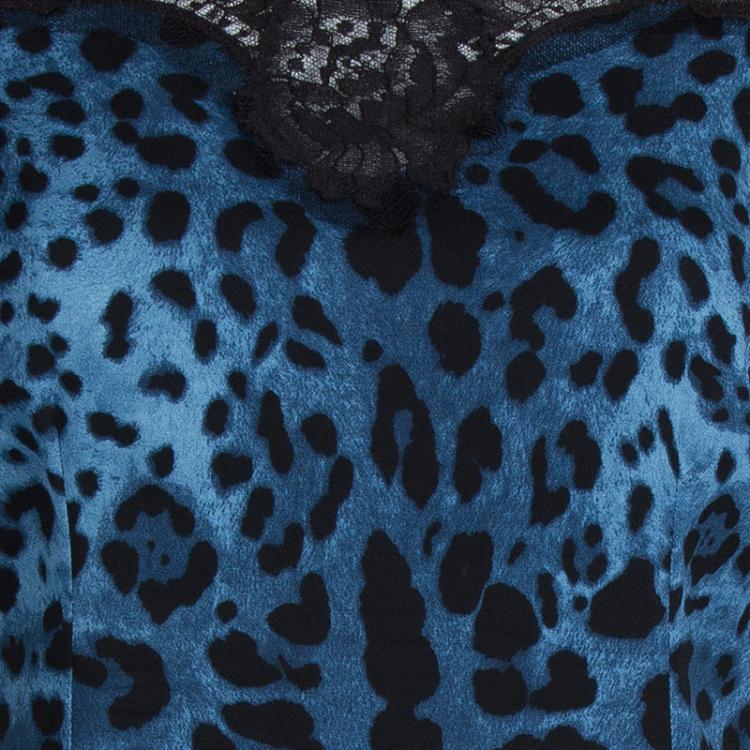 Pre Owned Dolce And Gabbana Blue Leopard Printed Silk Lace Detail Sleeveless Top M