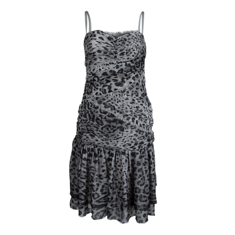Pre Owned Dolce And Gabbana Grey Leopard Printed Silk Ruched Dress M
