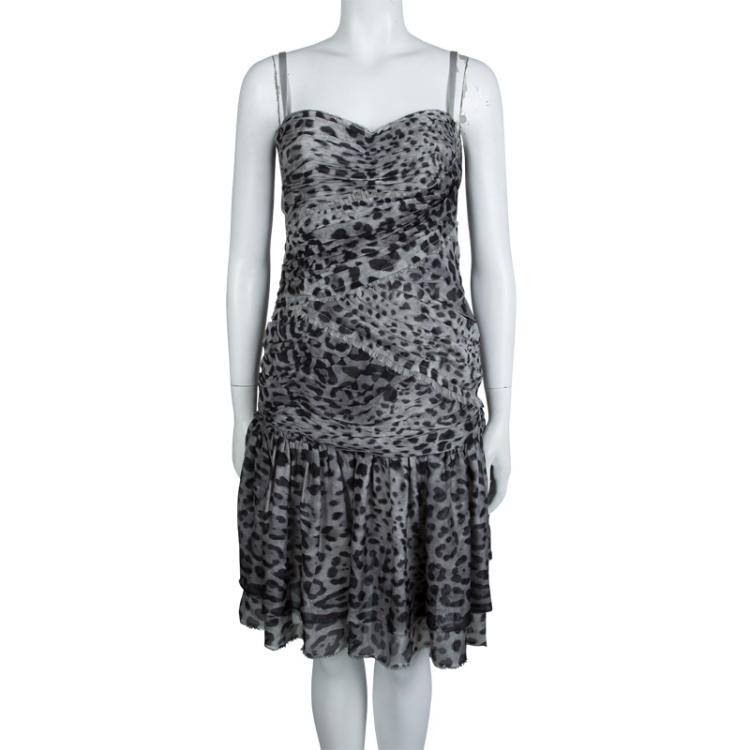 Pre Owned Dolce And Gabbana Grey Leopard Printed Silk Ruched Dress M