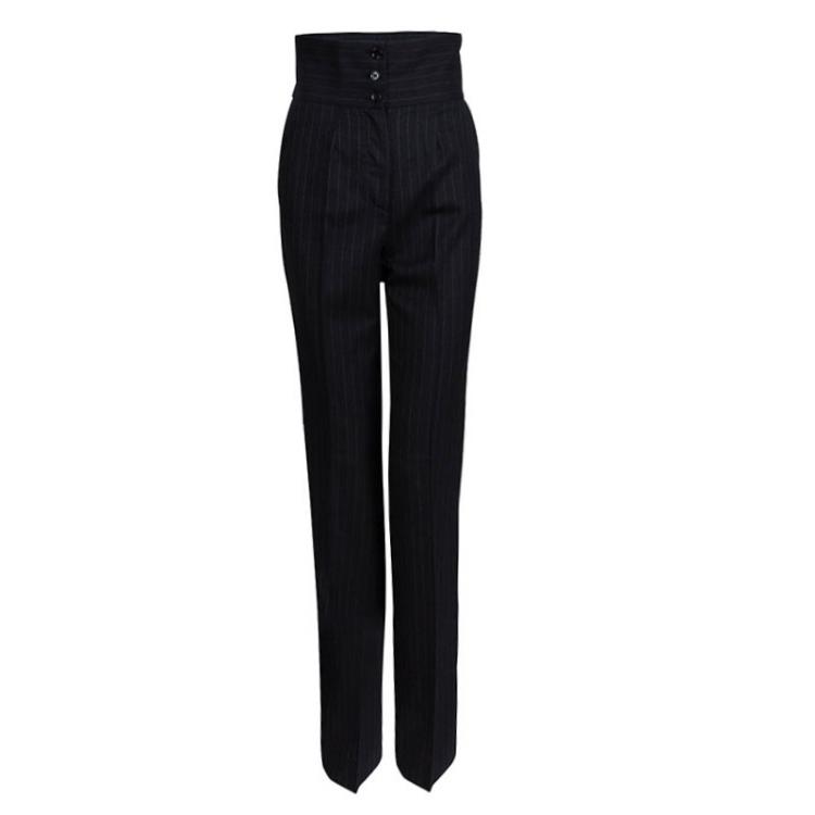 Pre Owned Dolce and Gabbana Grey Pinstriped Wool High Waist Trousers S