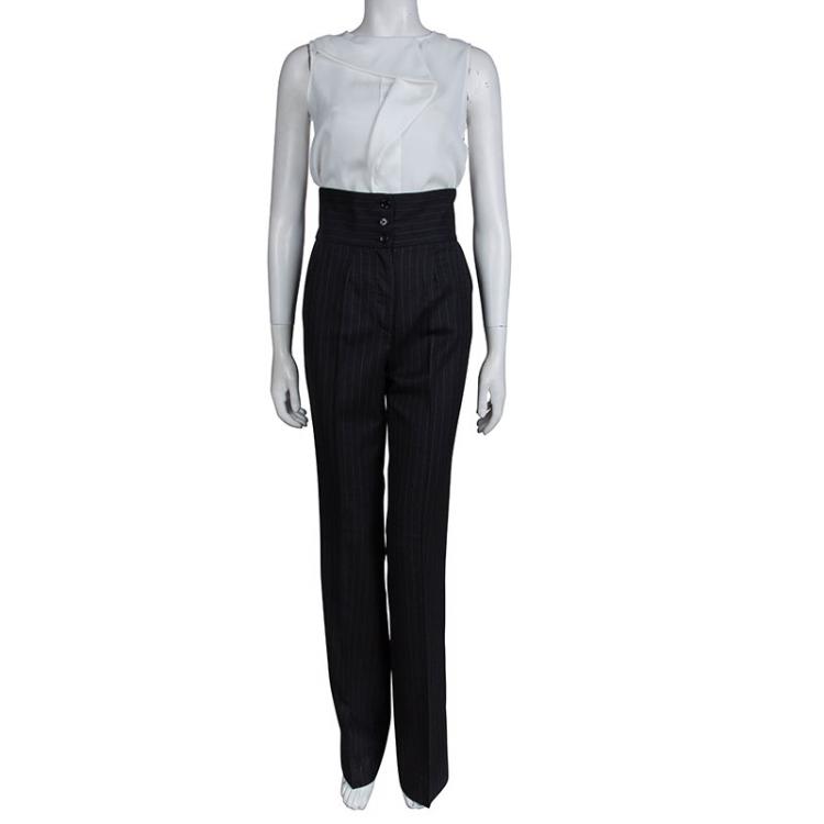 Pre Owned Dolce and Gabbana Grey Pinstriped Wool High Waist Trousers S