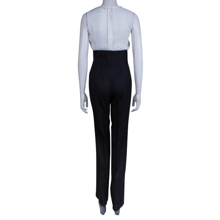 Pre Owned Dolce and Gabbana Grey Pinstriped Wool High Waist Trousers S
