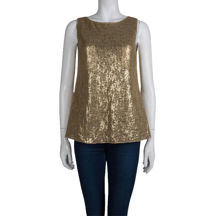 مملوكة مسبقًا Dolce and Gabbana Gold Floral Lace Sleeveless Top M