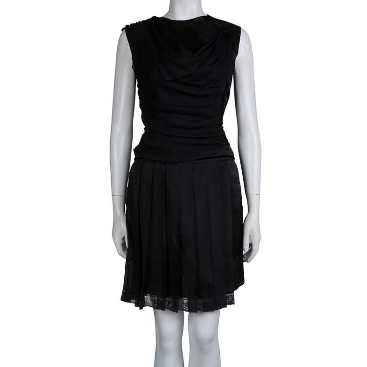 Pre Owned Dolce and Gabbana Black Silk Draped Pleated Sleeveless Dress M