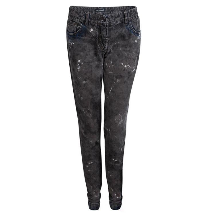 Pre Owned Dolce and Gabbana Grey Stone Washed Splatter Effect Jeans M