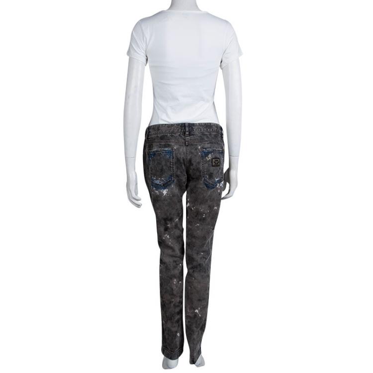 Pre Owned Dolce and Gabbana Grey Stone Washed Splatter Effect Jeans M