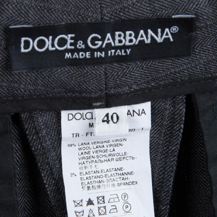 Pre Owned Dolce and Gabbana Grey Herringbone Wool Trousers S