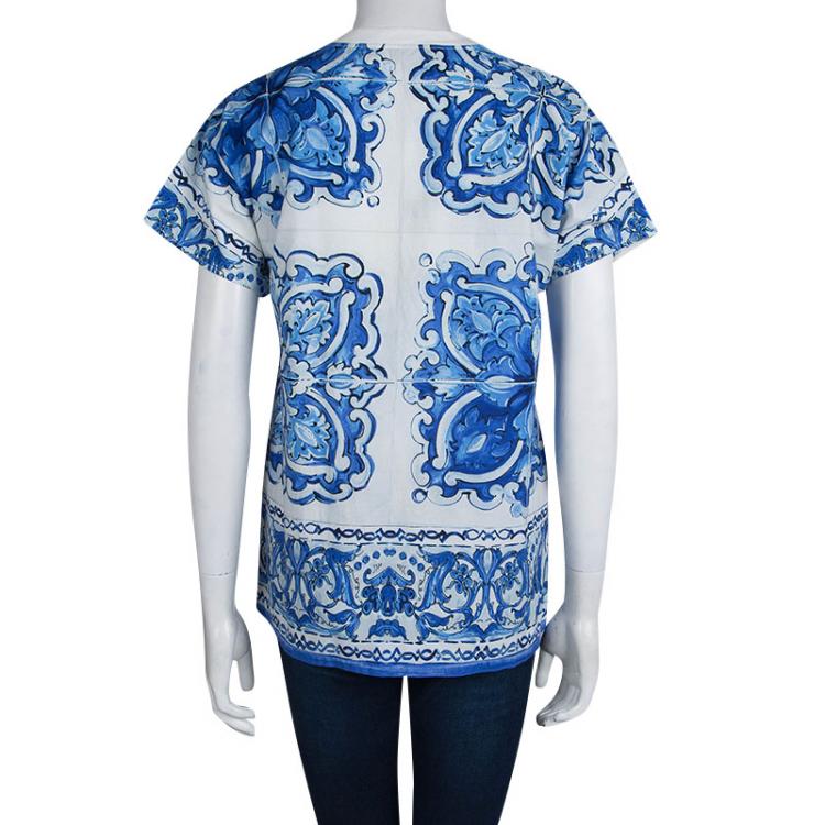 مملوكة مسبقًا Dolce & Gabbana White and Blue Cotton Majolica Print Top S