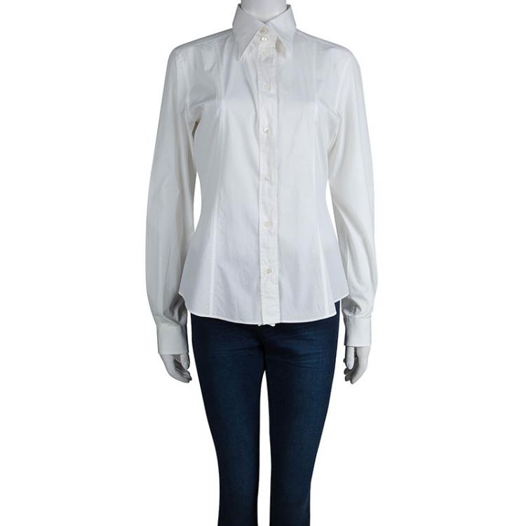 Pre Owned Dolce and Gabbana White Ruffle Detail Long Sleeve Cotton Shirt M