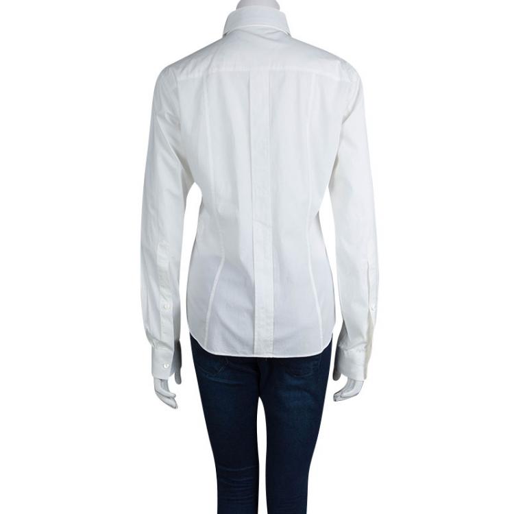 Pre Owned Dolce and Gabbana White Ruffle Detail Long Sleeve Cotton Shirt M
