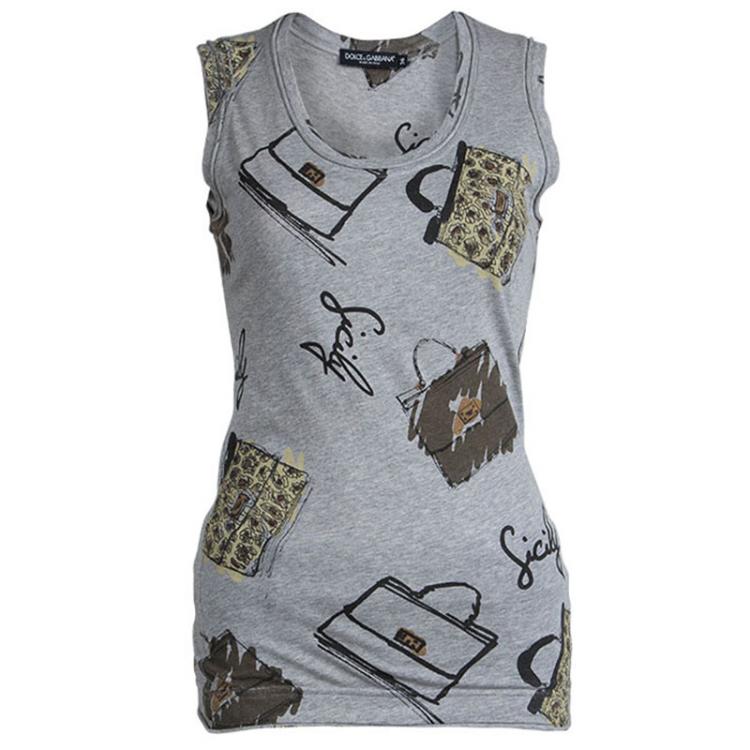 Pre Owned Dolce and Gabbana Grey Printed Jersey Sleeveless Tank Top XS
