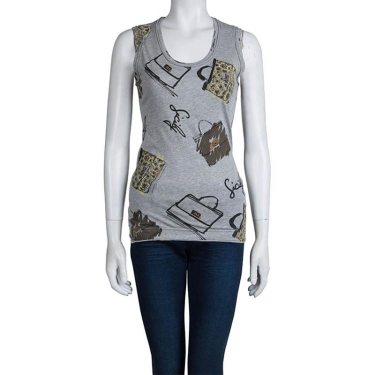 Pre Owned Dolce and Gabbana Grey Printed Jersey Sleeveless Tank Top XS