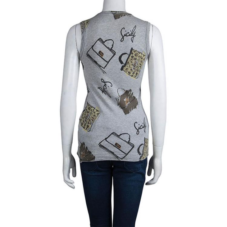 Pre Owned Dolce and Gabbana Grey Printed Jersey Sleeveless Tank Top XS