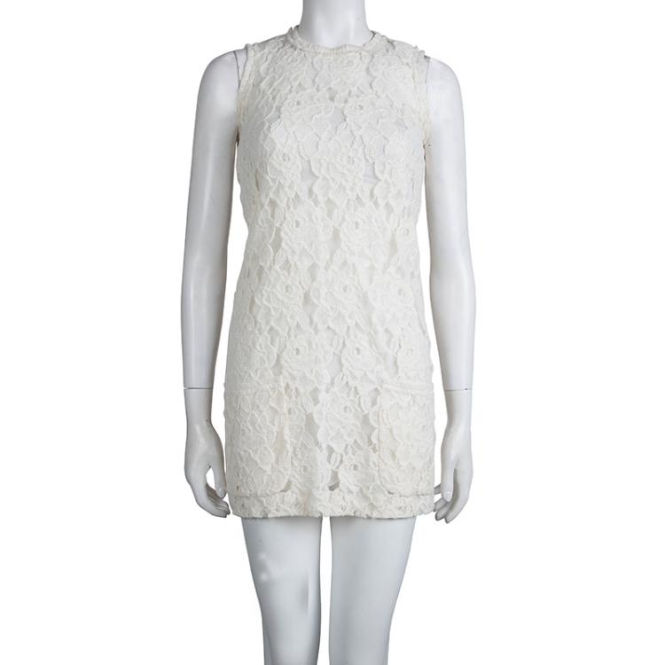 Pre Owned Dolce and Gabbana Cream Floral Lace Sleeveless Dress S