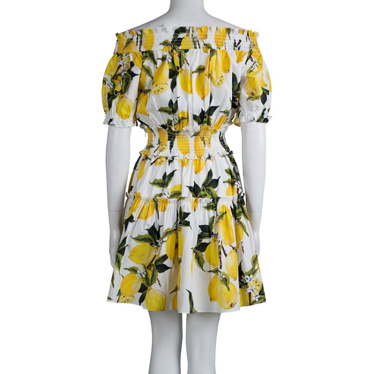 Pre Owned Dolce and Gabbana Lemon Print Smocking Detail Cotton Dress S
