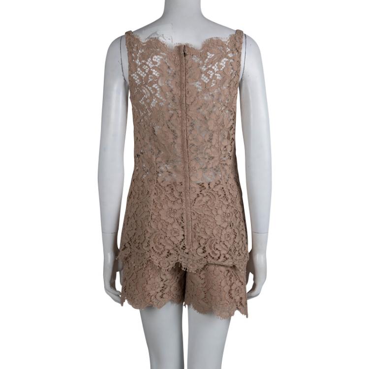 Pre Owned Dolce and Gabbana Beige Lace Sleeveless Top and Shorts Set M 