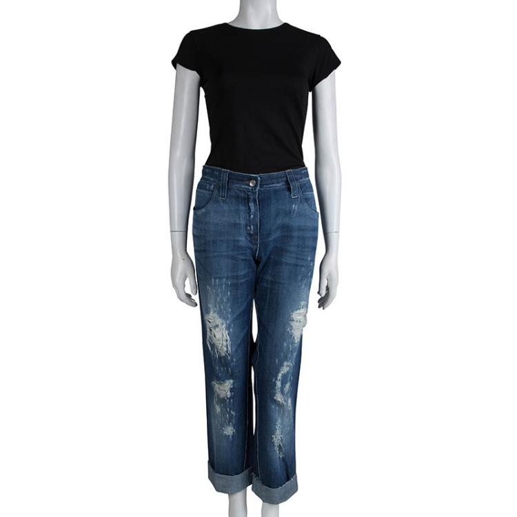 Pre Owned Dolce And Gabbana Blue Distressed Denim Jeans L