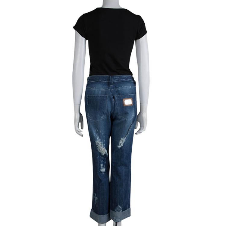 Pre Owned Dolce And Gabbana Blue Distressed Denim Jeans L