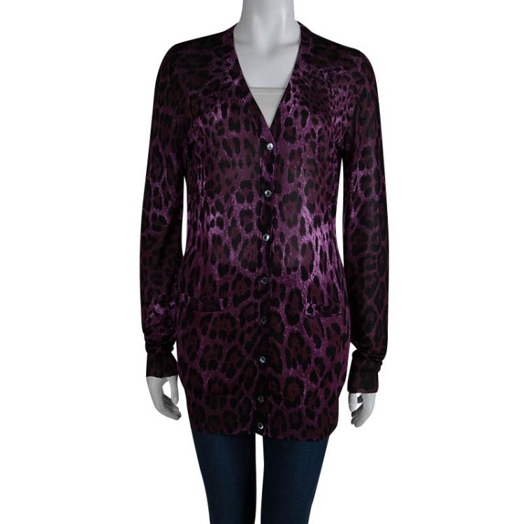 Pre Owned Dolce and Gabbana Burgundy Leopard Print Button Front Cardigan L