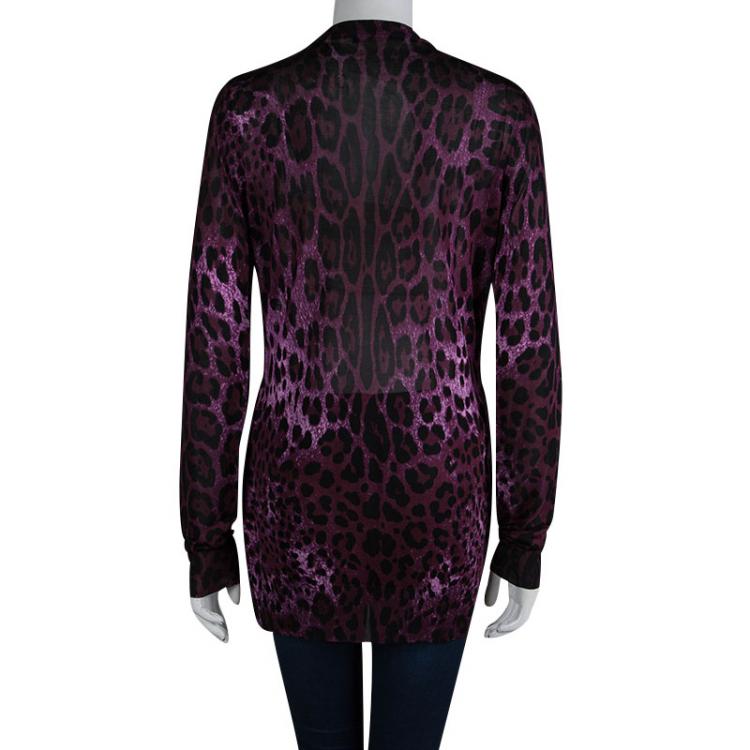 Pre Owned Dolce and Gabbana Burgundy Leopard Print Button Front Cardigan L