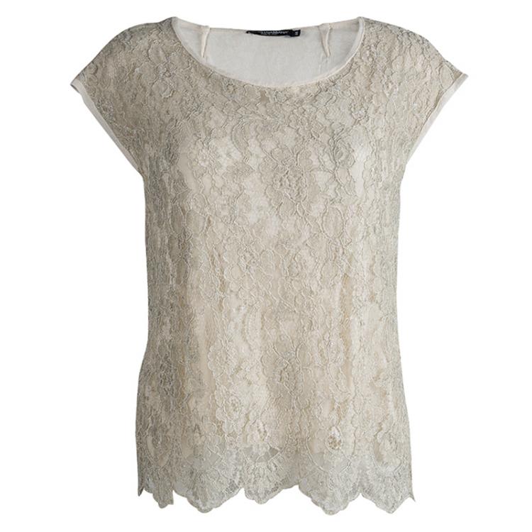 Pre Owned Dolce and Gabbana Cream Scalloped Lace Top M