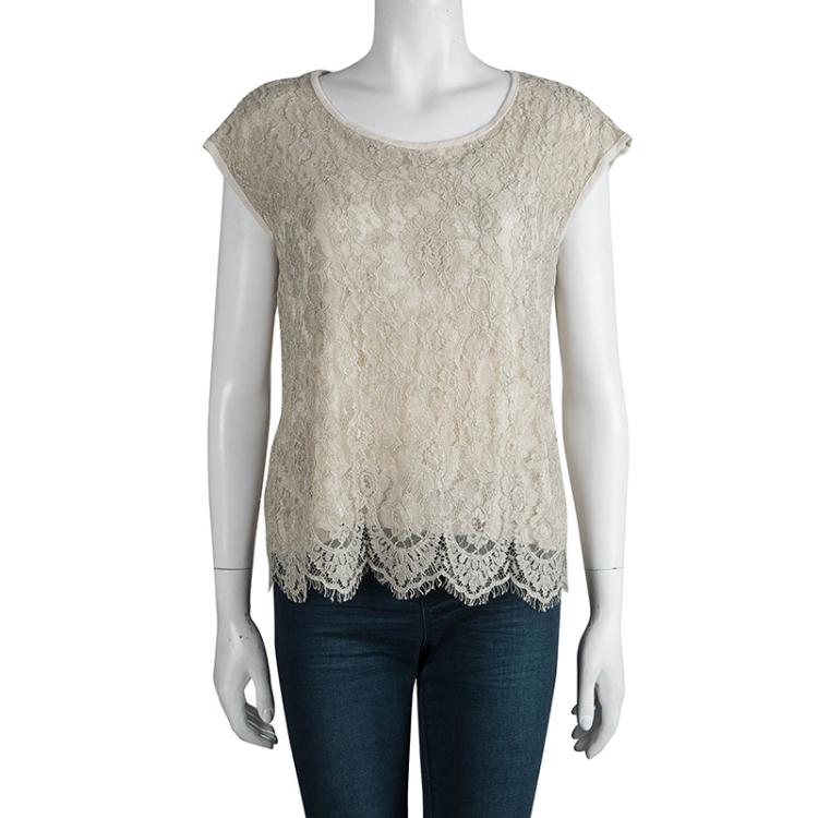 Pre Owned Dolce and Gabbana Cream Scalloped Lace Top M