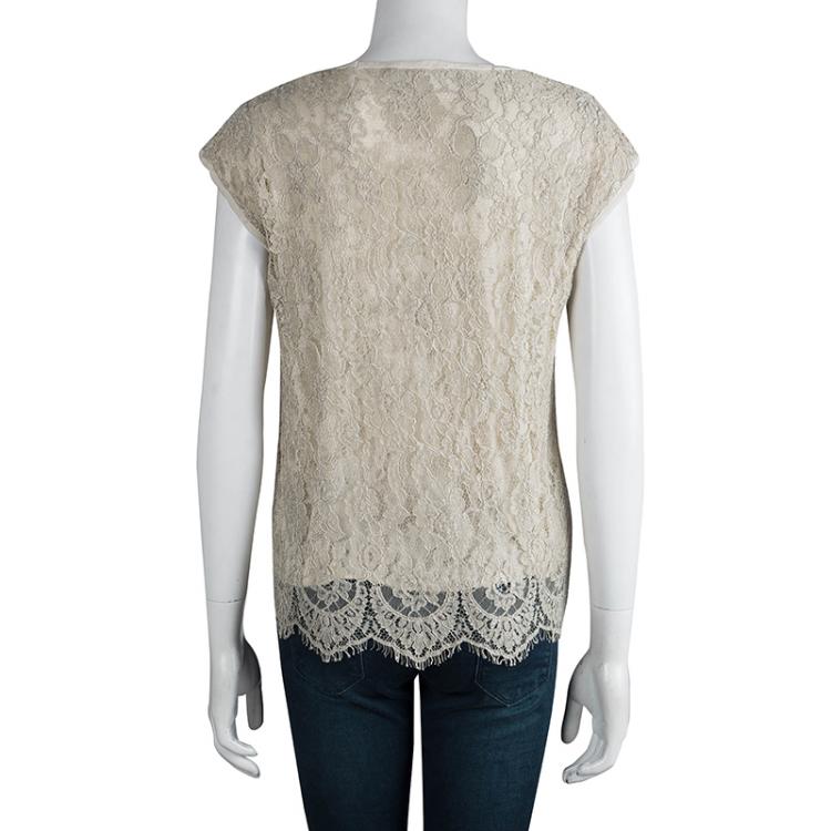 Pre Owned Dolce and Gabbana Cream Scalloped Lace Top M
