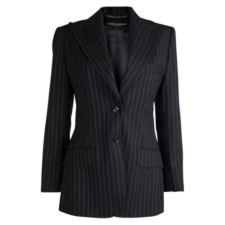 Pre Owned Dolce and Gabbana Black Pinstriped Notched Collar Blazer M