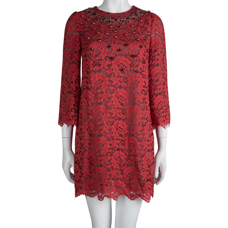 Dolce and Gabbana Red Lace Embellished Long Sleeve Shift Dress S Dolce &  Gabbana | TLC