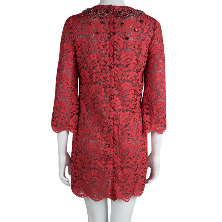 Pre Owned Dolce and Gabbana Red Lace Embellished Long Sleeve Shift Dress S