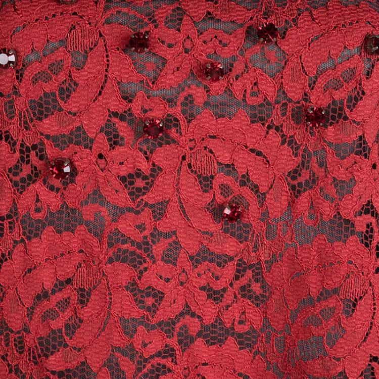 Pre Owned Dolce and Gabbana Red Lace Embellished Long Sleeve Shift Dress S