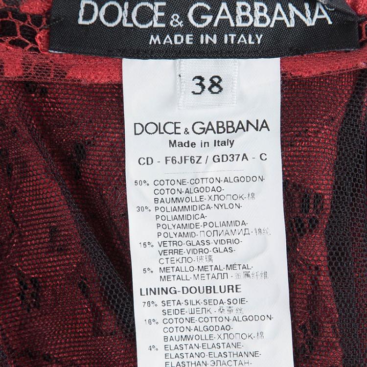 Pre Owned Dolce and Gabbana Red Lace Embellished Long Sleeve Shift Dress S